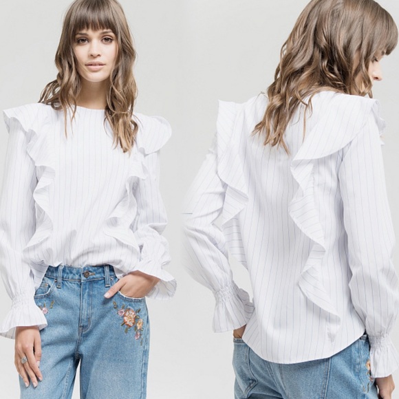 Sweet Wanderer Tops - White Ruffled Striper Women's Top